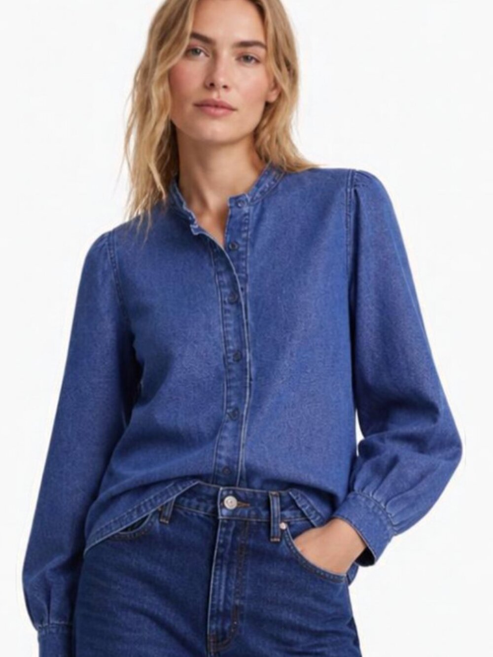 NWOT Blue Long Sleeve puff shoulder Loose Denim Shirt Blouse XL 14